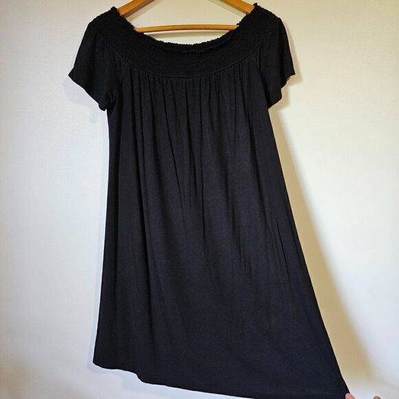 EUC SO BLACK PERFECTLY SOFT OFF SHOULDER ELASTIC SWING STYLE SHORT DRESS SIZE L - Picture 1 of 15
